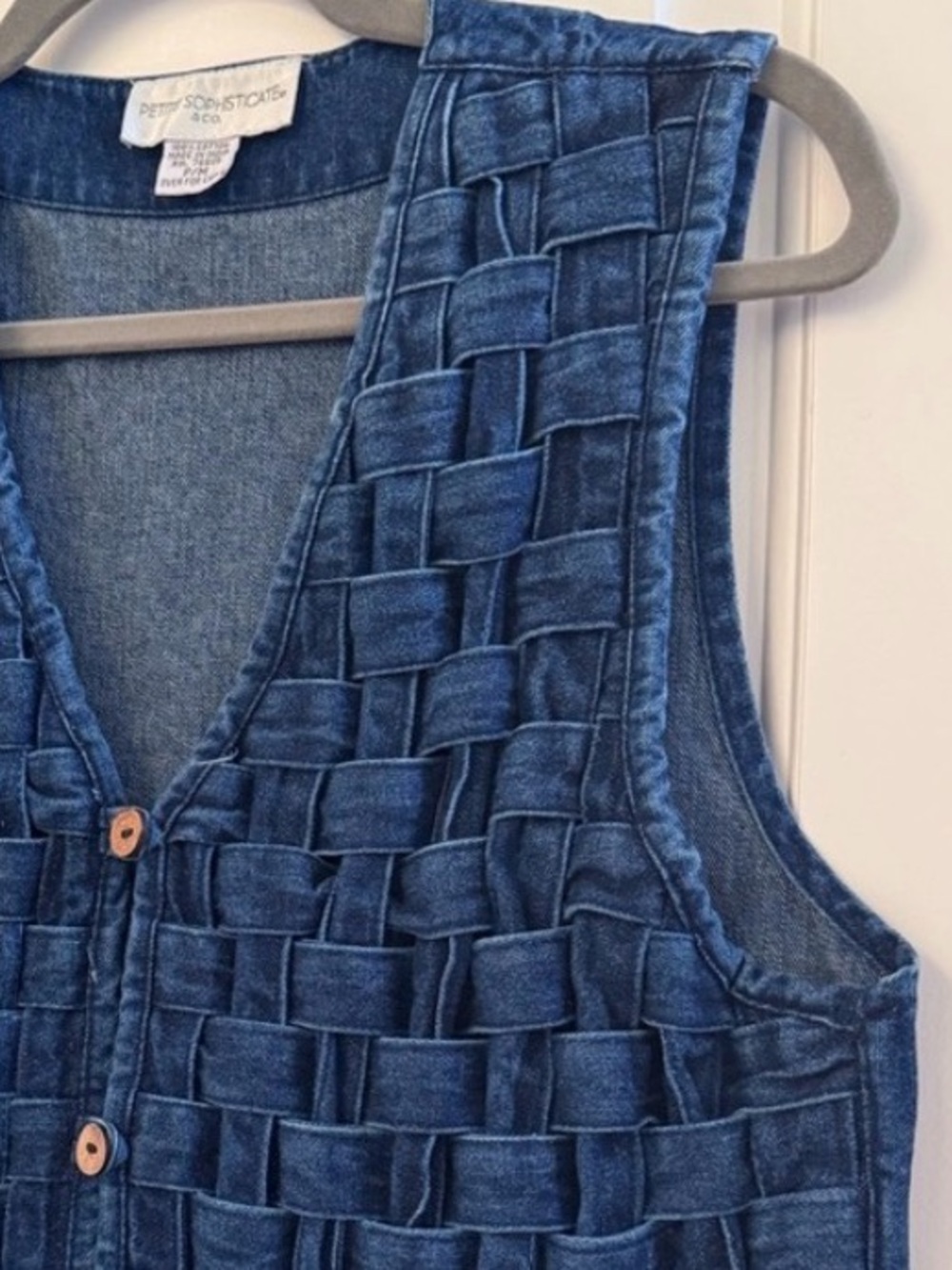 VTG Petite Sophisticate basket weave blue denim vest MP Western 90’s Boho Woven
